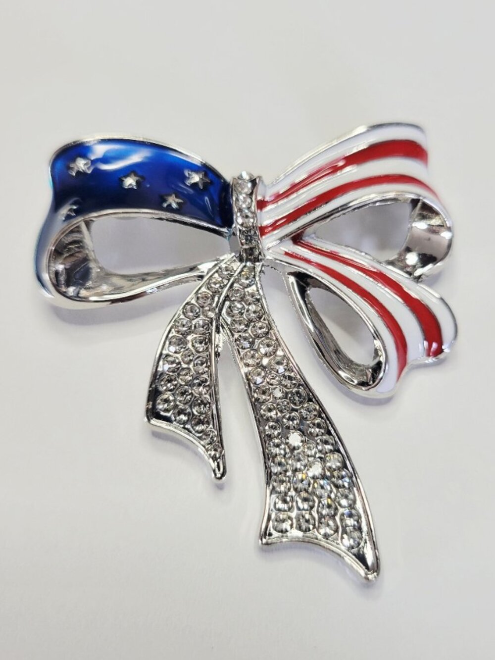 NWT America 250 American Flag Red White Blue Rhinestone Silver Metal Brooch Bow